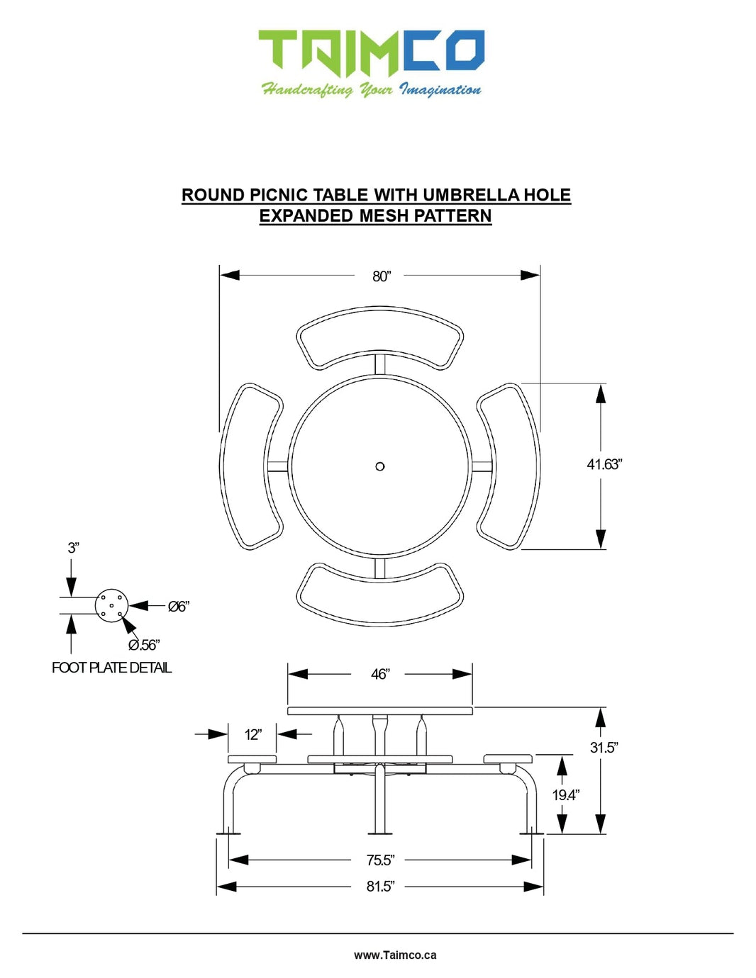 Conventional Round Steel Picnic Stationary Mount Table Picnic Table & Seat - Model PT187-Taimco