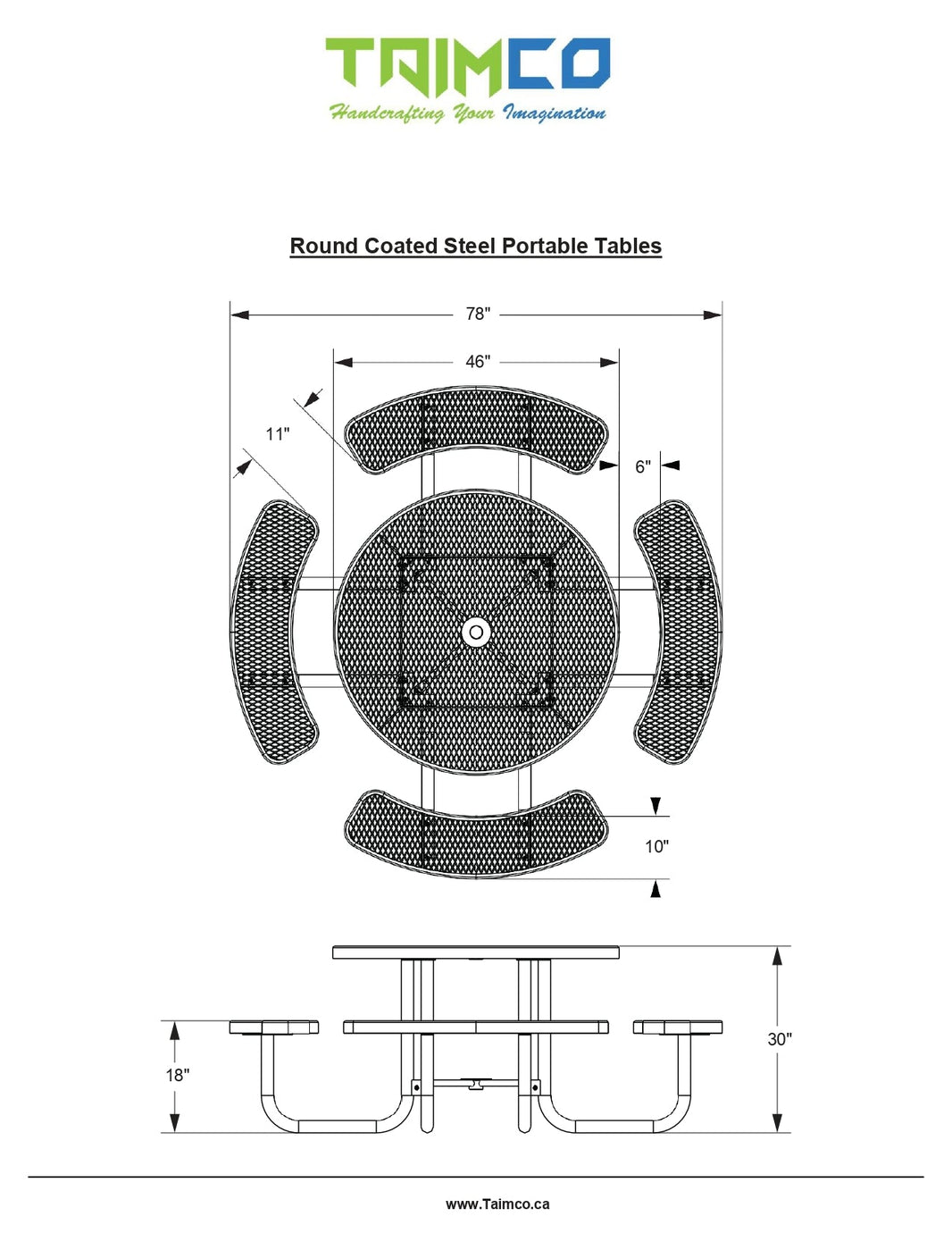 Conventional Round Steel Picnic Stationary Mount Table Picnic Table & Seat - Model PT189-Taimco