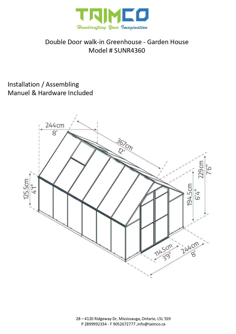 Double Door walk-in Greenhouse 10' x 12'- Garden House – Model # SUNR4360-Taimco