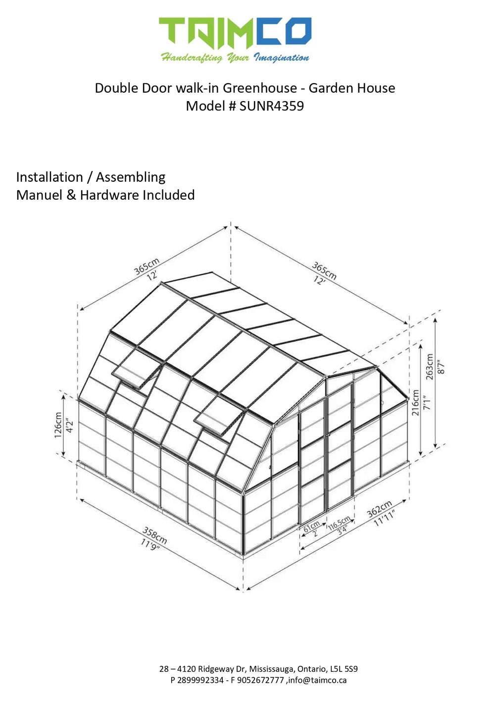 Double Door walk-in Greenhouse 12' x 12'- Garden House – Model # SUNR4359-Taimco