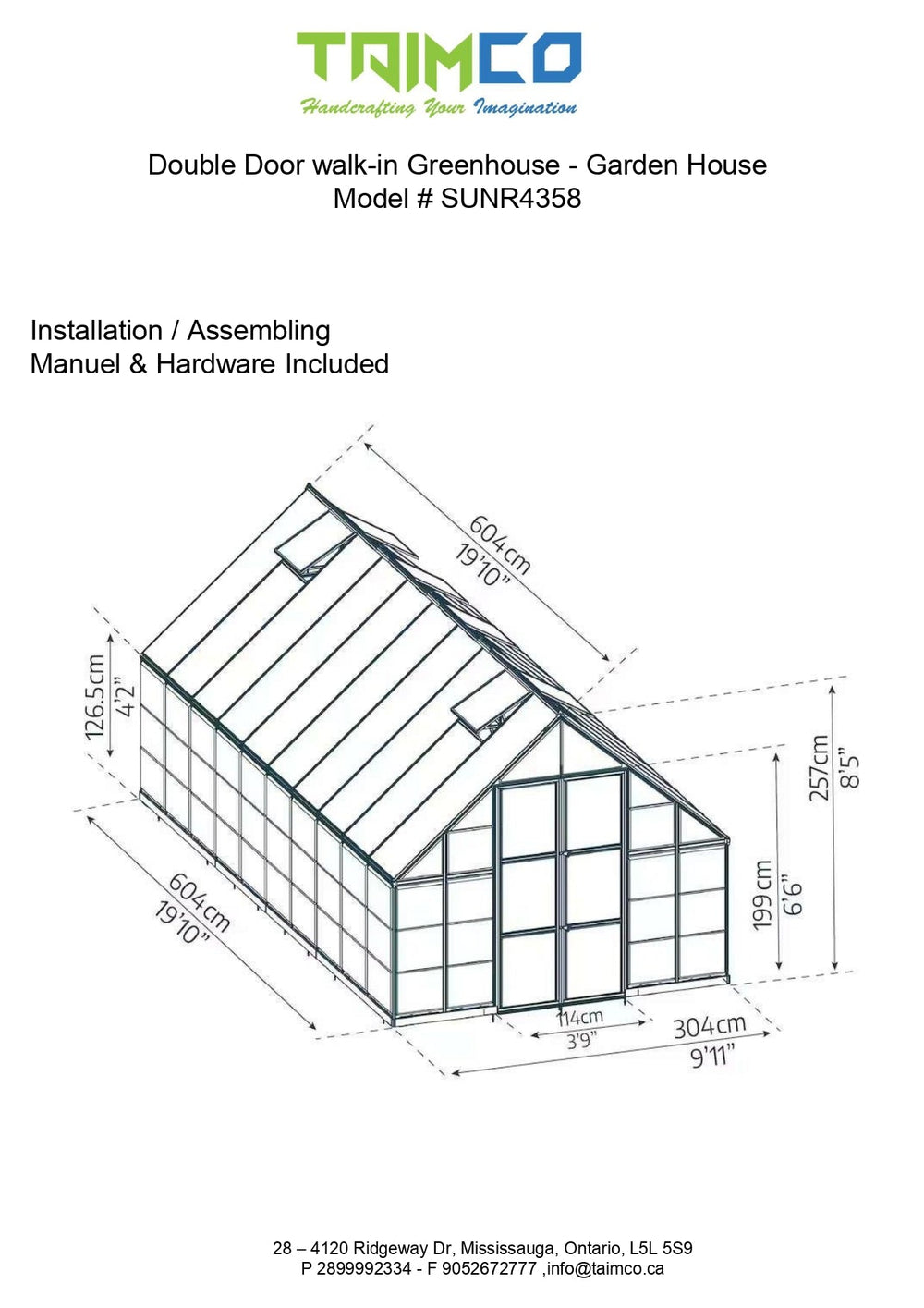 Double Door walk-in Greenhouse - Garden House – Model # SUNR4358-Taimco