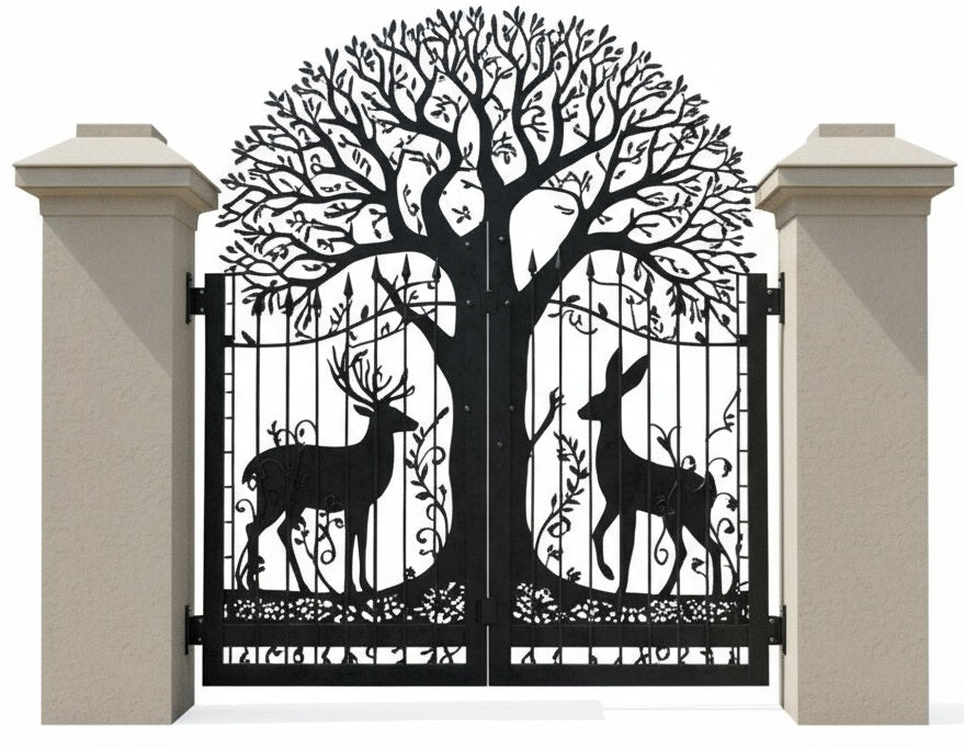 Verdant Embrace – Tree & Wildlife Silhouette Wrought Iron Driveway Gate Model # DWG482