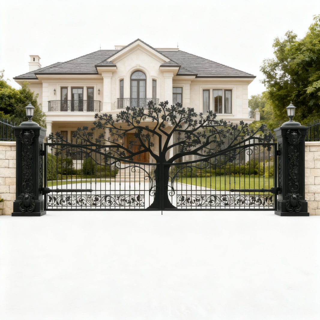 Canopy Sovereign – Tree & Scrollwork Wrought Iron Driveway Gate Model # DWG0533