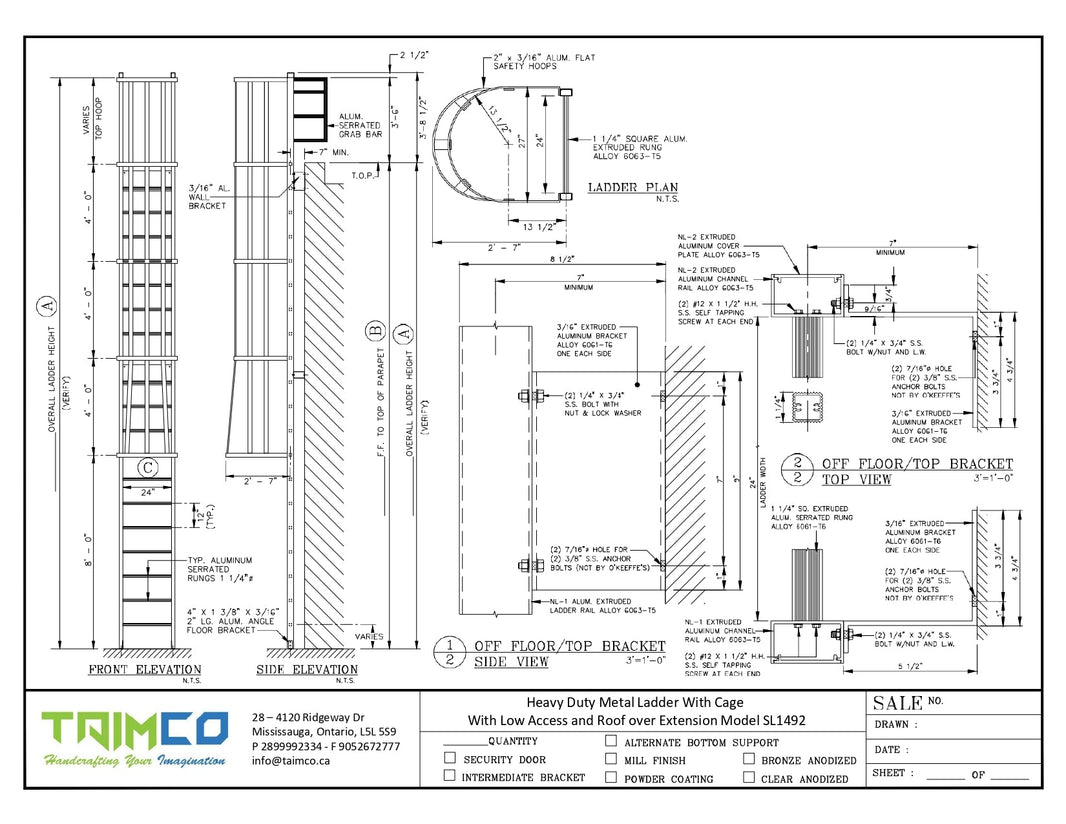 Heavy Duty Metal Cage Ladder With Low Access and Roof over Extension Model SL1492-Taimco