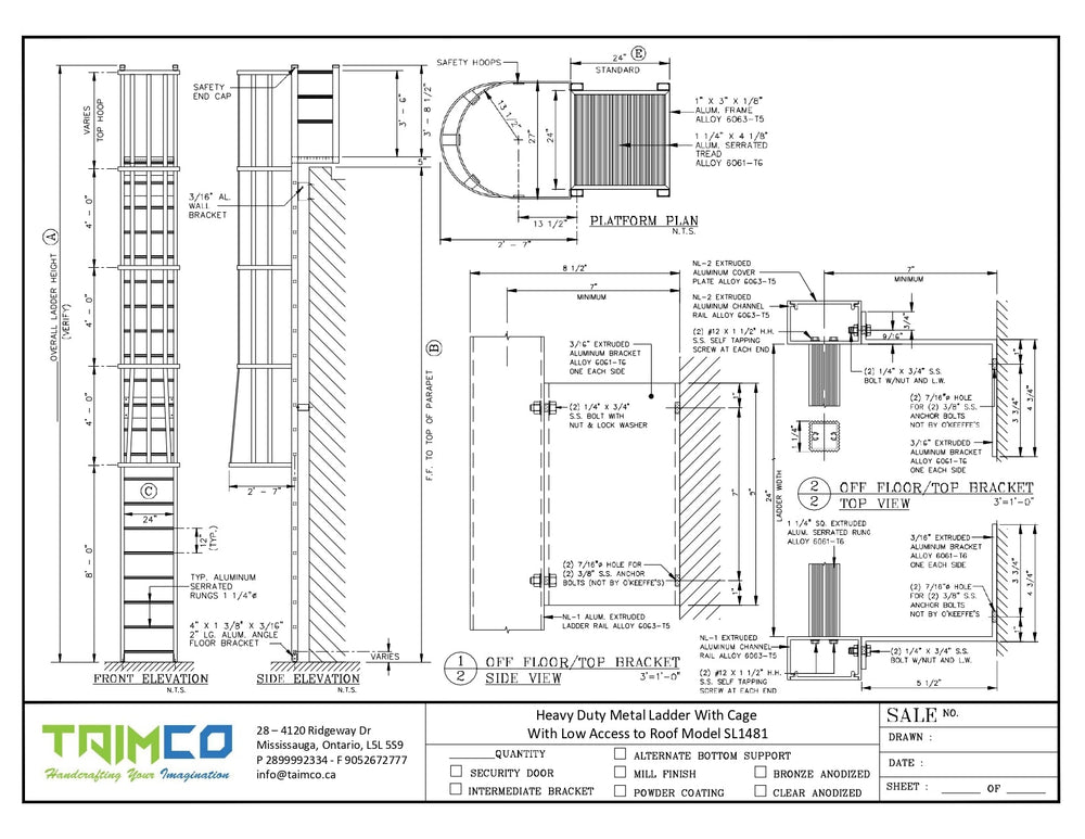 Heavy Duty Metal Cage Ladder With Low Access to Roof with Platform Model SL1481-Taimco