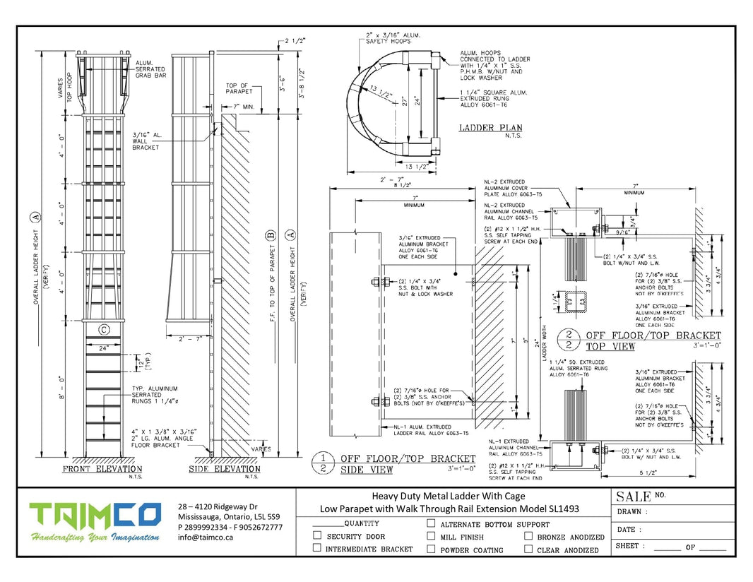 Heavy Duty Metal Ladder With Cage Low Parapet with Walk Through Rail Extension Model SL1493-Taimco