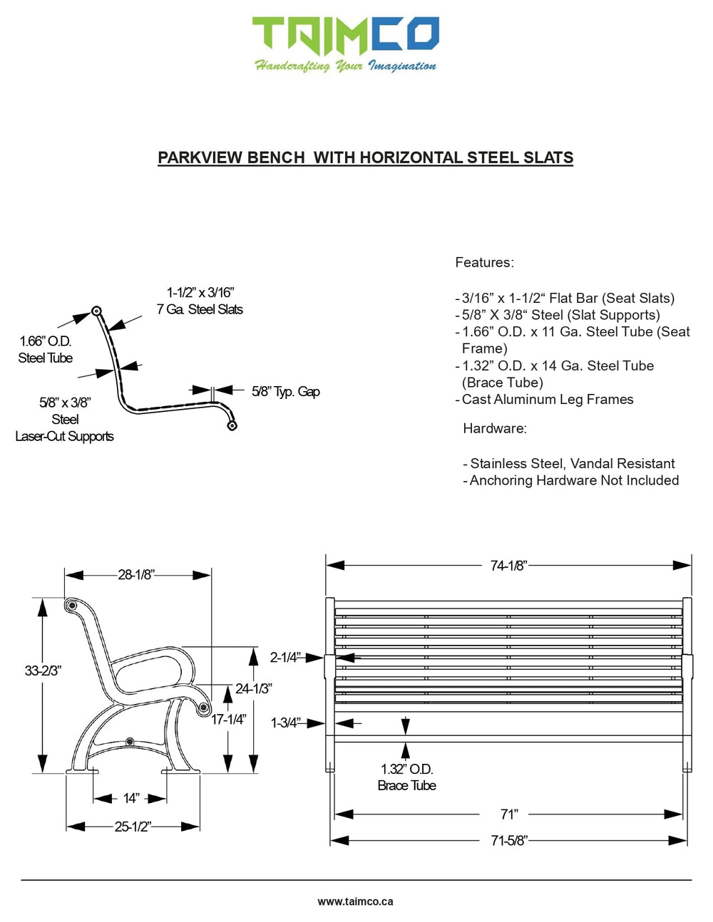 Horizontal Steel Slats metal Bench aluminum Frame Cast & Steel | Model # MB222-Taimco