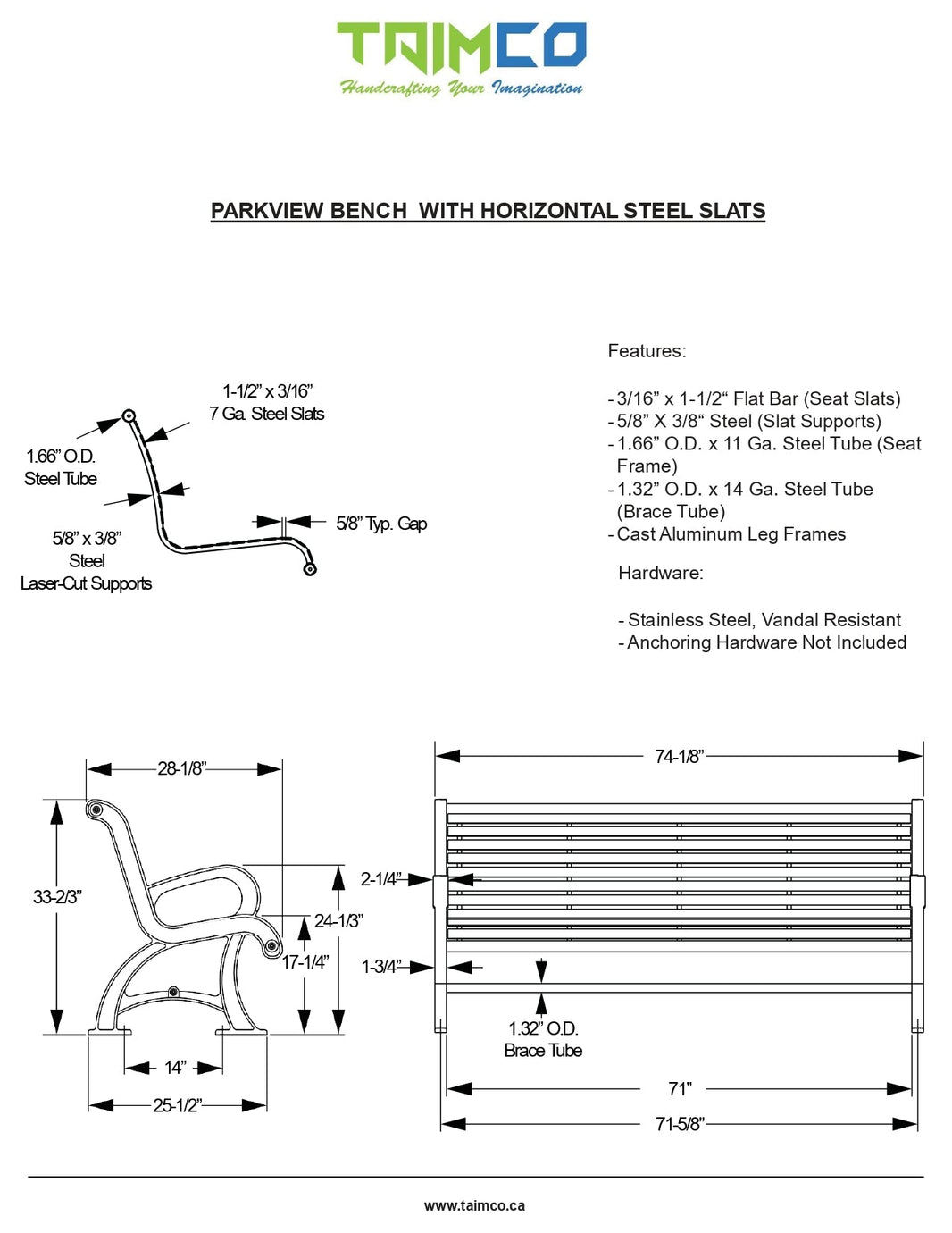 Horizontal Steel Slats metal Bench aluminum Frame Cast & Steel | Model # MB222-Taimco