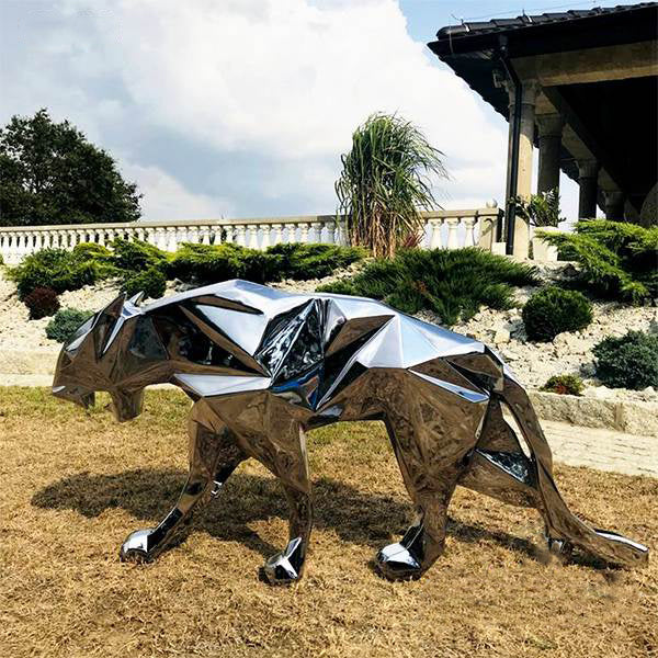 Large Polished Stainless Steel Garden Sculpture Metal Geometry Panther Decor Model # MSC1261-Taimco