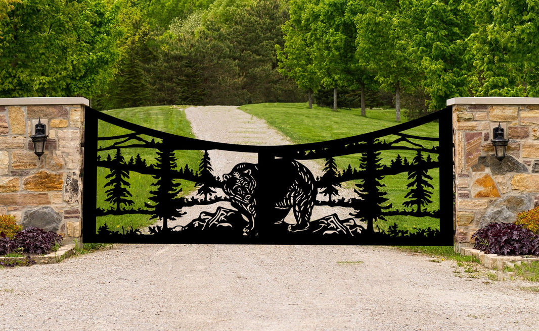 Laser Cut Forest Design Entry Gates | Custom Bear Print Metal Driveway Gate | Made In Canada – Model # 863-Taimco