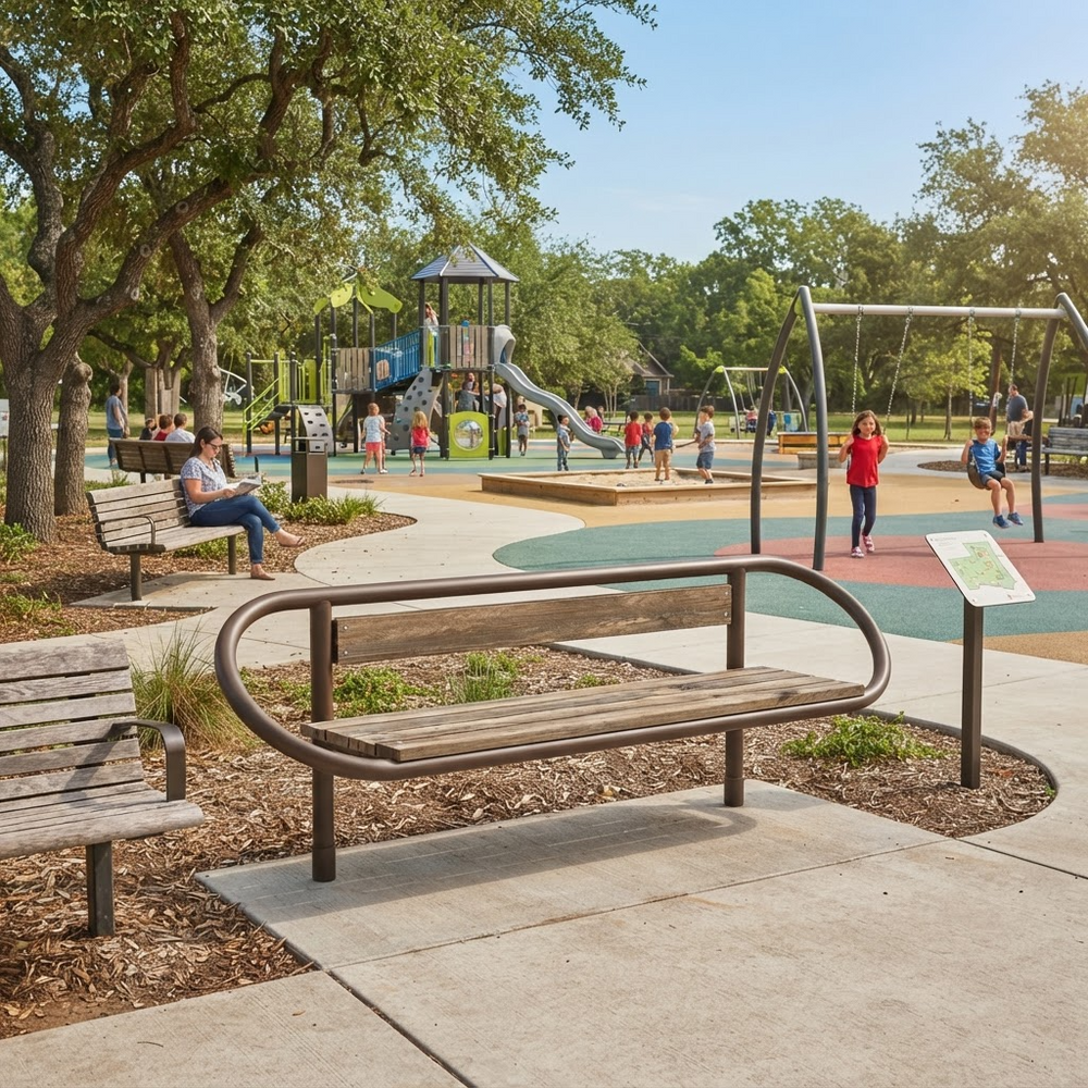 A modern curved metal park bench with wooden slats in the foreground of a sunny outdoor playground scene with children playing, trees, and other benches.