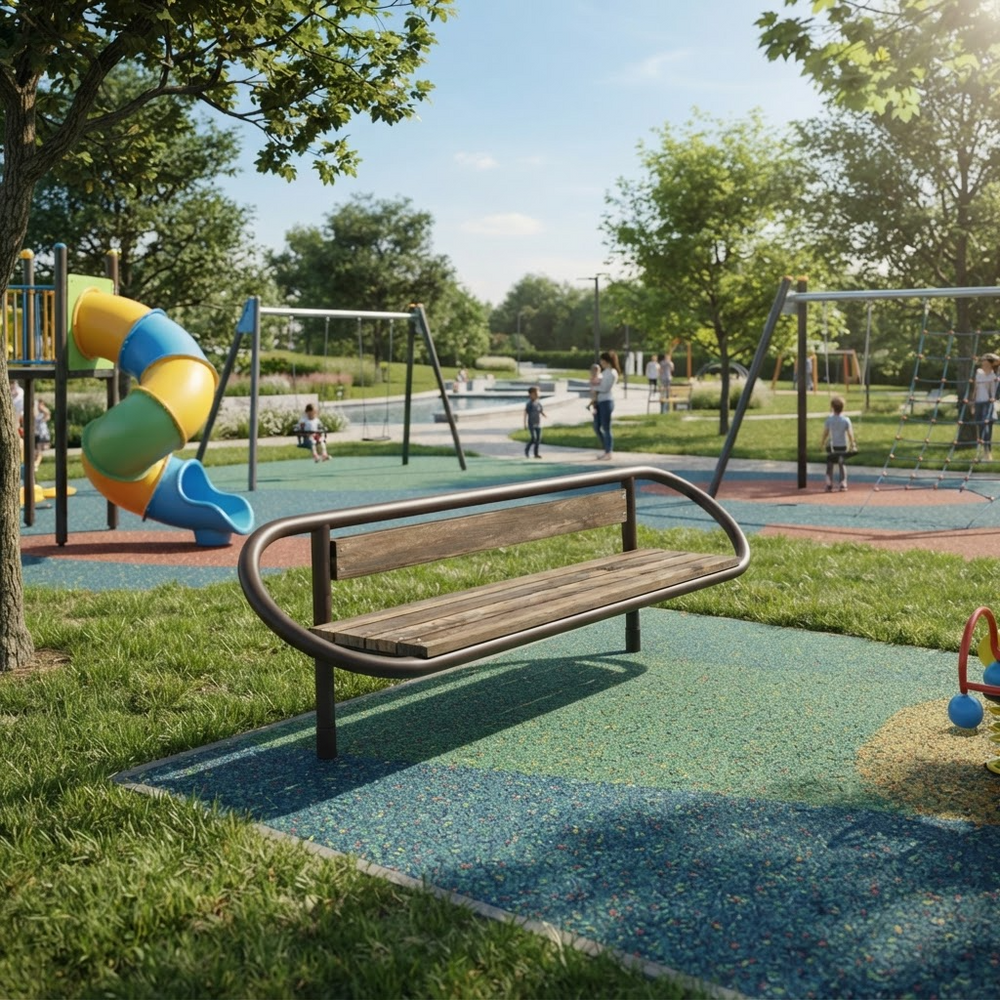A modern wooden park bench with a curved dark metal frame sits on a blue and green playground surface in a sunny, tree-lined park with children playing in the background.
