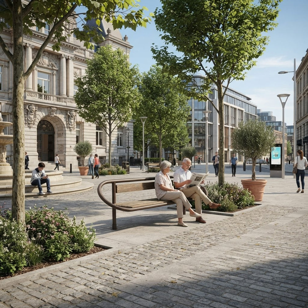 A modern urban plaza scene with a wooden bench in the foreground where two people are seated and reading. The area is landscaped with trees, shrubs, potted plants, and a cobblestone walkway, with classical and contemporary buildings in the background under a blue sky.