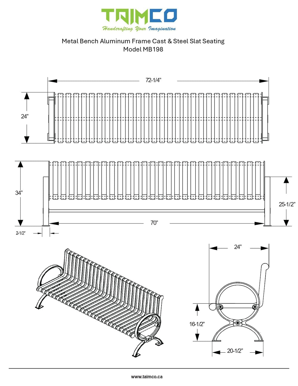 Metal Bench Aluminum Frame Cast & Steel Slat Seating | Model MB198-Taimco