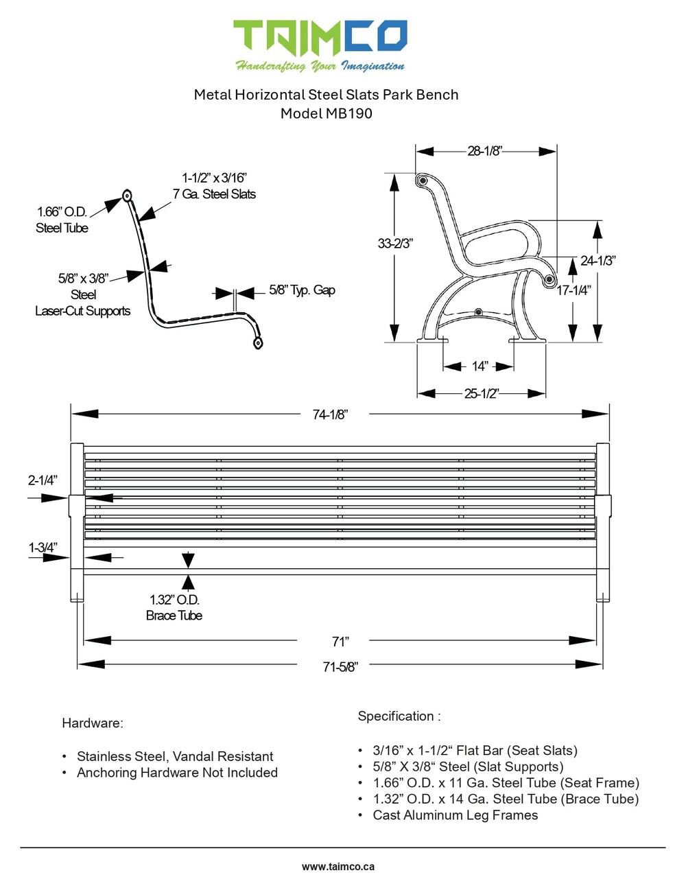 Metal Horizontal Steel Slats Park Bench | Model MB190-Taimco