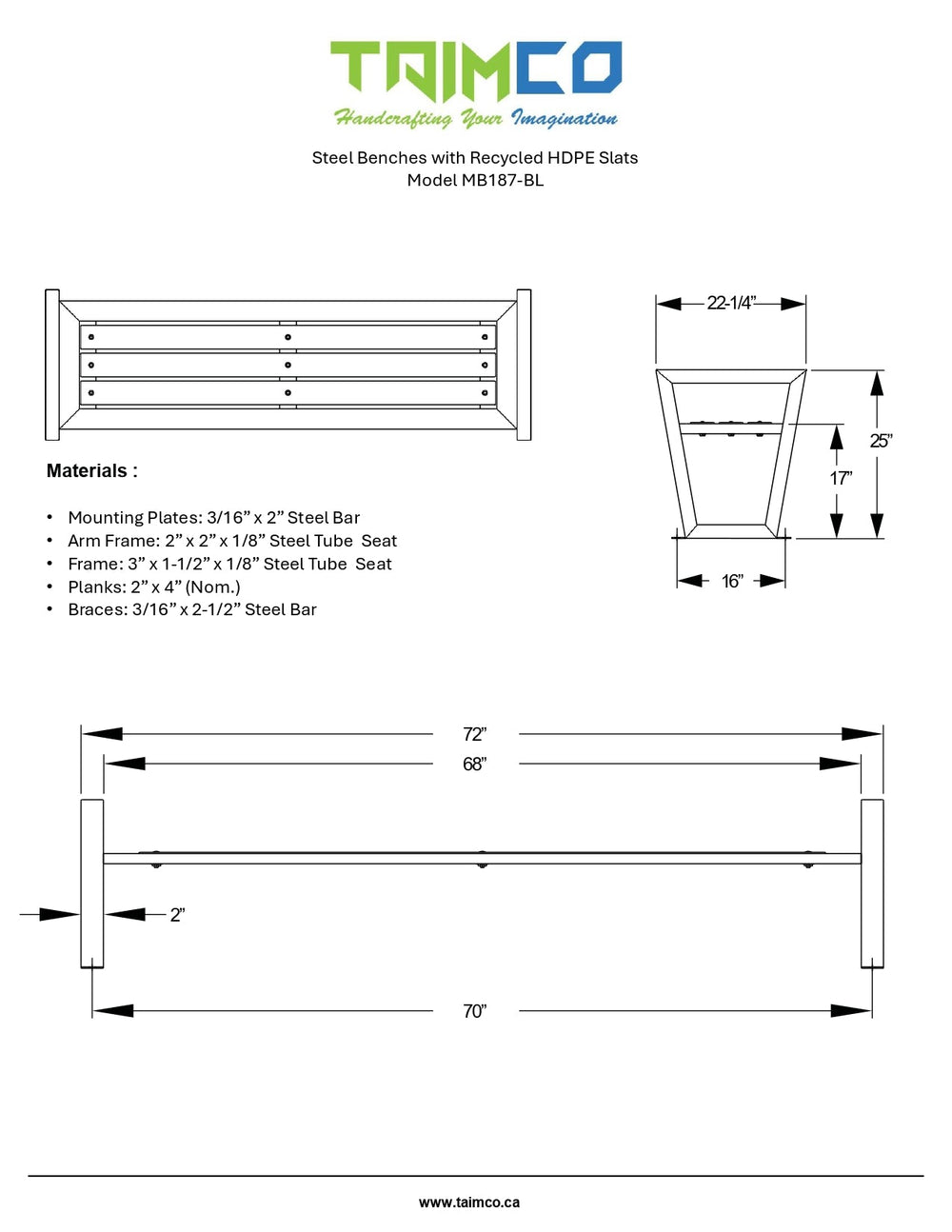 Metal Stool Bench - Steel Tube Top Seating | No Back & No Arms | Model MB187-BL-Taimco