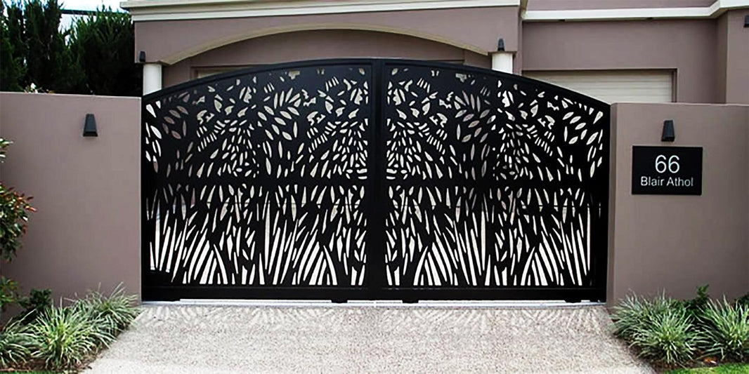 Modern Laser Cut Bush Design Entry Gate| Custom Fabrication Heavy Duty Metal Driveway Gate | Made in Canada– Model # 184-Taimco