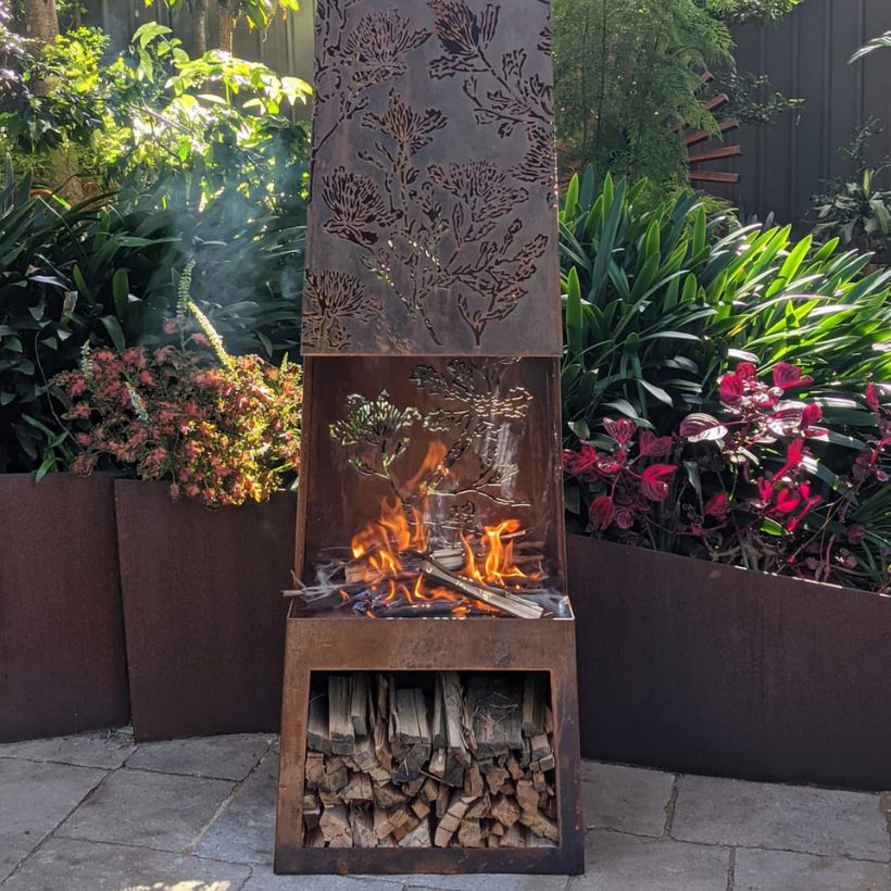 Modern Laser Cut Leaf Design Fire Pit with Wood Storage Rack| Classic Custom Fabrication Wood Burning Fire Pit | Made in Canada – Model # WBFP864-Taimco