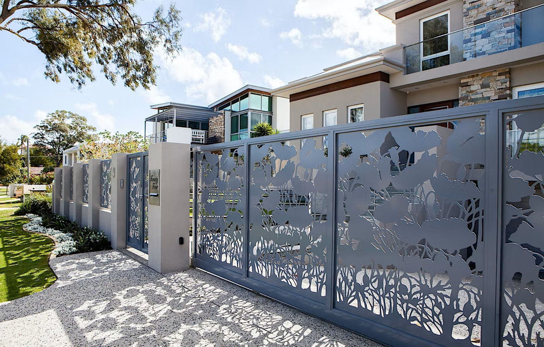 Modern Laser Cut Leaves Driveway Gate | Custom Fabrications Heavy Duty Gate | Made in Canada – Model # 104-Taimco