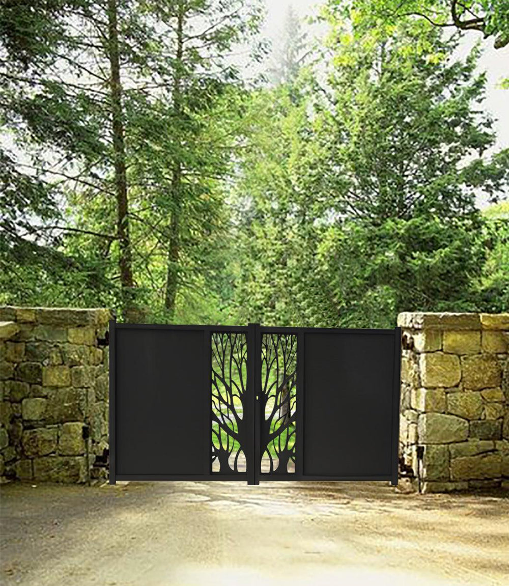 Modern Laser Cut Tree Branch Design Entry Gate | Custom Fabrication Metal Driveway Gate | Made in Canada – Model # 139-Taimco