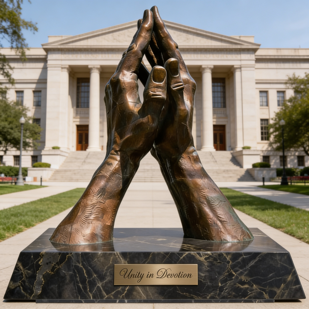 Bronze sculpture of clasped hands on a pedestal in front of a classical building
Bronze praying hands sculpture with detailed texture and realistic contours