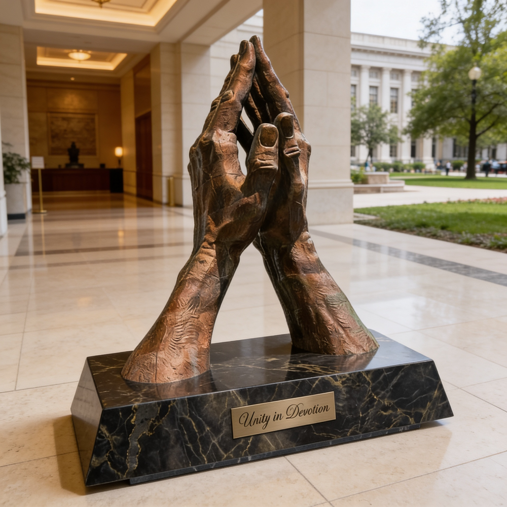 Bronze sculpture of clasped hands on a marble base in a building lobby.
Metal sculpture of two hands pressed together in a prayer gesture