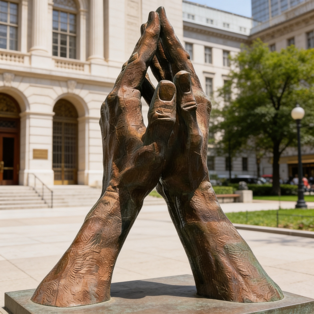 Bronze sculpture of interlocking hands in front of a building
Textured bronze artwork depicting large praying hands