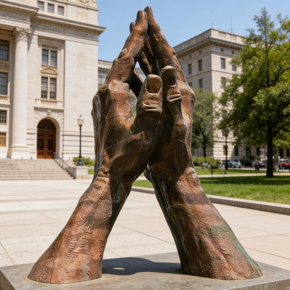 Bronze sculpture of interlocked hands in front of a building
Metal praying hands artwork with expressive sculptural detailing