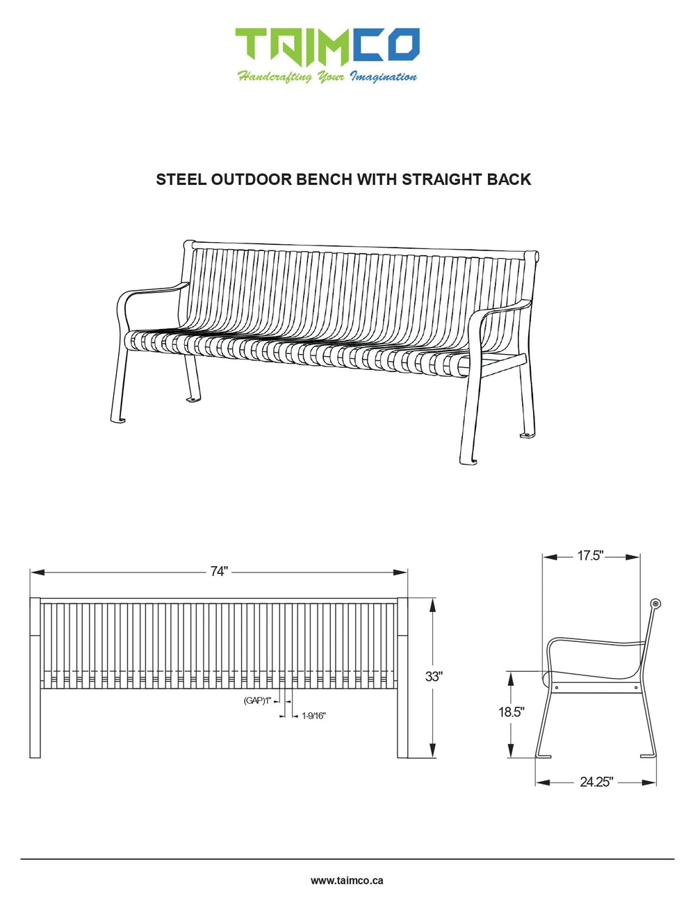 Pack of 5 Commercial metal Bench Top and Back Steel Slatted | Model MB217-Taimco