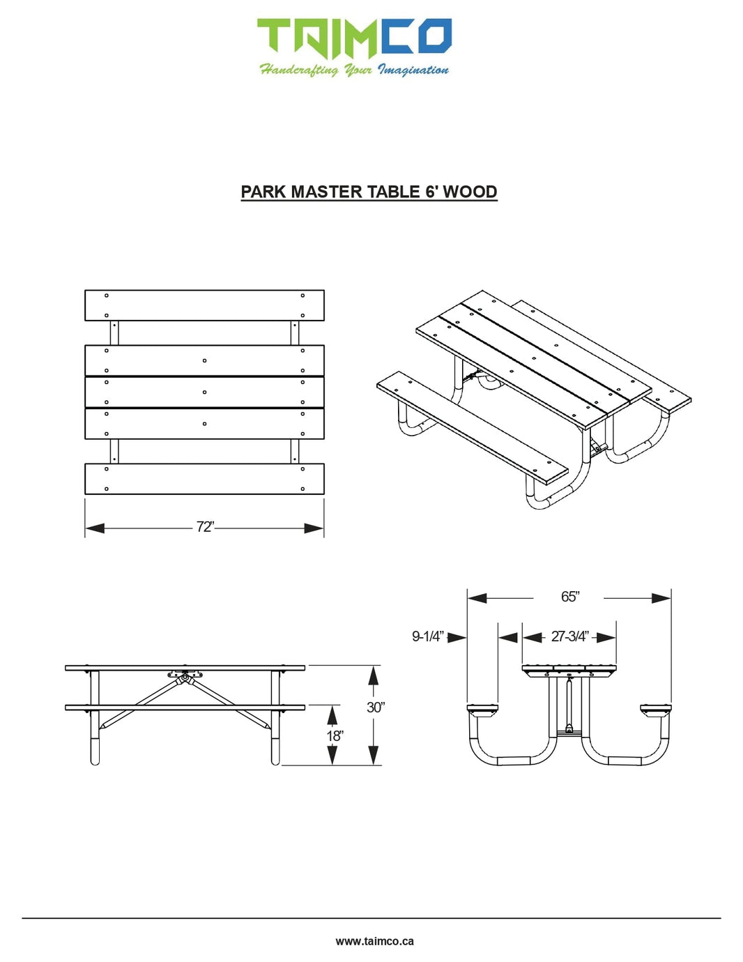 Picnic Table Galvanized Fame wood top 6 Feet Long | Model PT183-Taimco