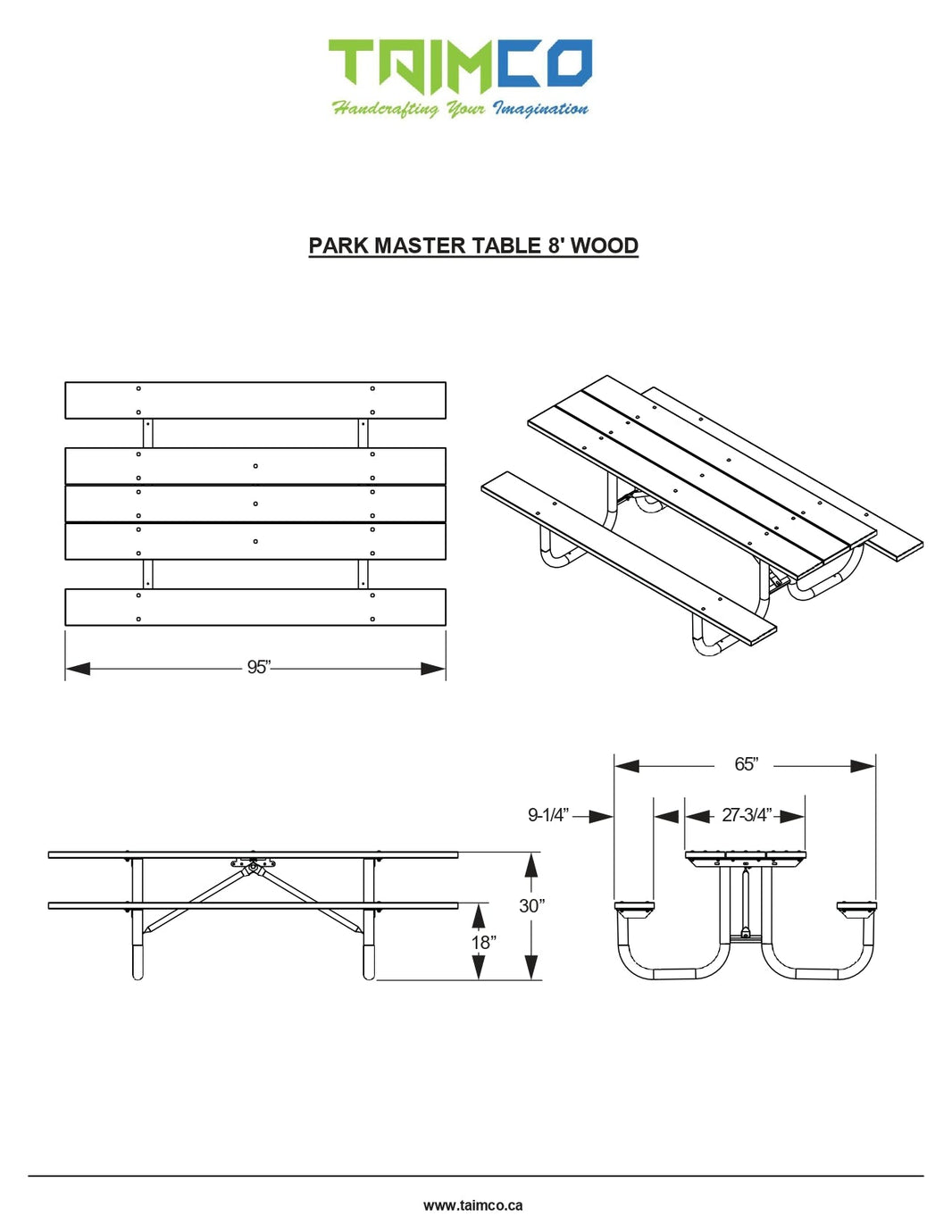 Picnic Table Galvanized Fame wood top 8 Feet Long | Model PT184-Taimco