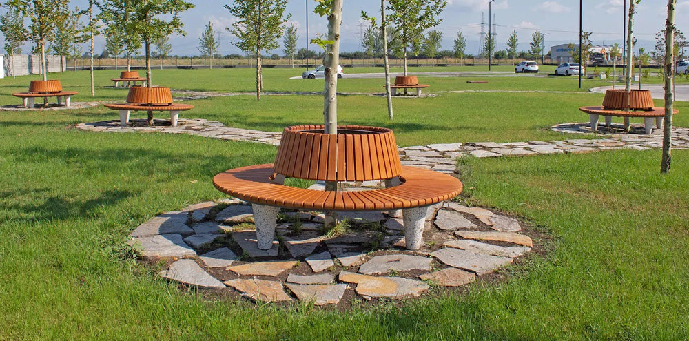 Round Bench with back - Wooden Bench on Concrete Base | Model COLL1691-Taimco