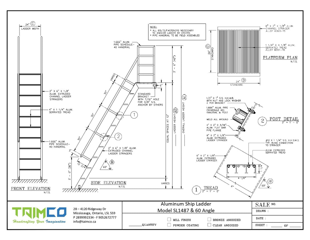 Ship Aluminum Ladders With Platform 60 & 75 Standard Degrees - Model # SL1487-Taimco