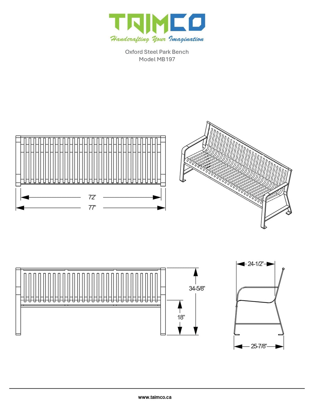 Sleek and Slender Oxford Steel Park Bench | Model MB197-Taimco