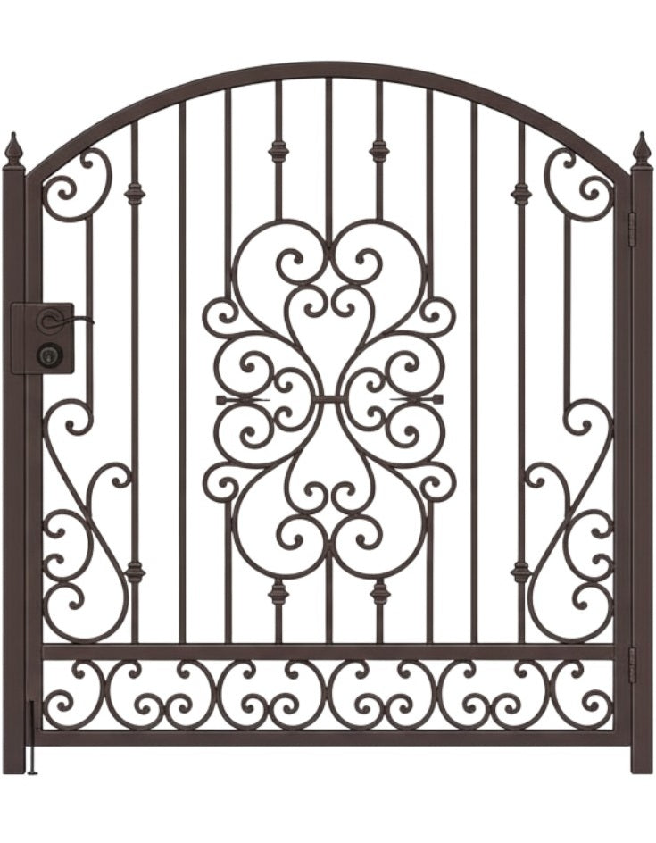Mirrabelle Passage – Ornamental wrought iron man door with mirrored heart-scroll centerpiece, arched top, and bottom scroll lattice Model # MG867