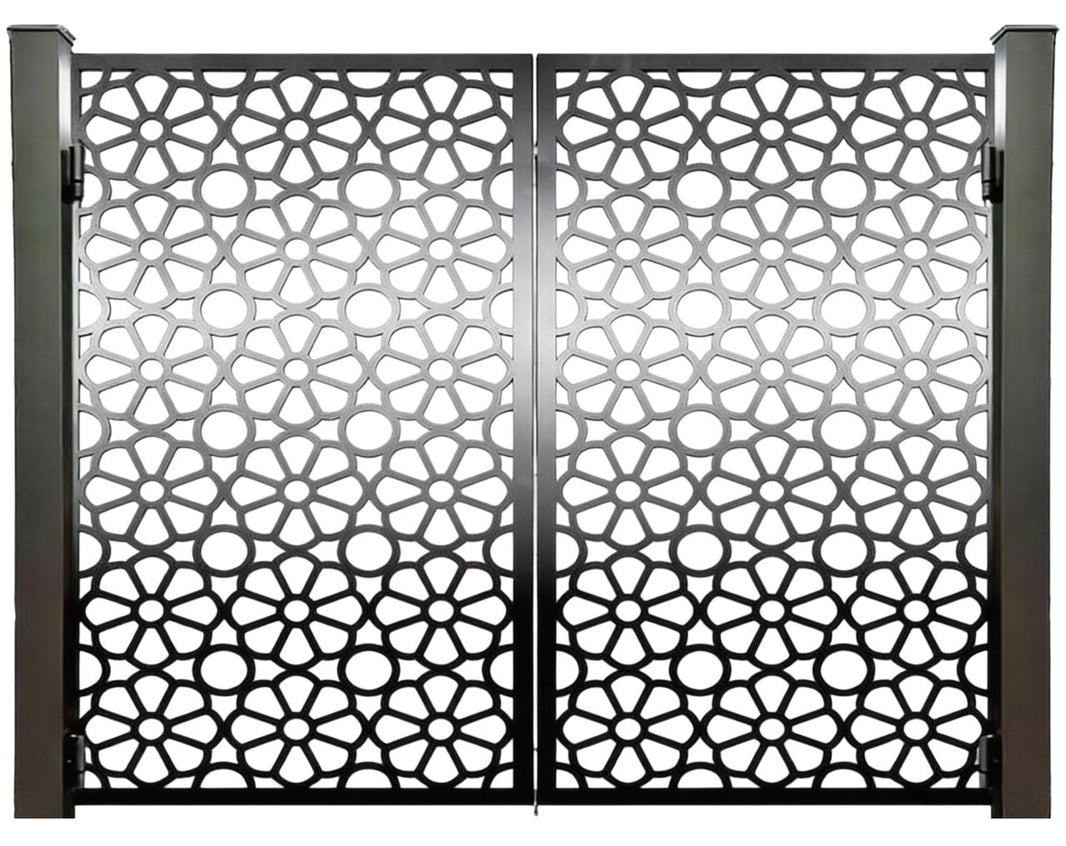 Petalveil Passage – Ornamental metal man door with symmetrical floral cutouts and circular bloom lattice Model # MG835