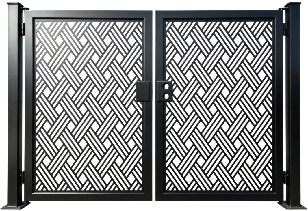 Herringveil Passage – Ornamental metal man door with diagonal herringbone lattice and central lock plate Model # MG721