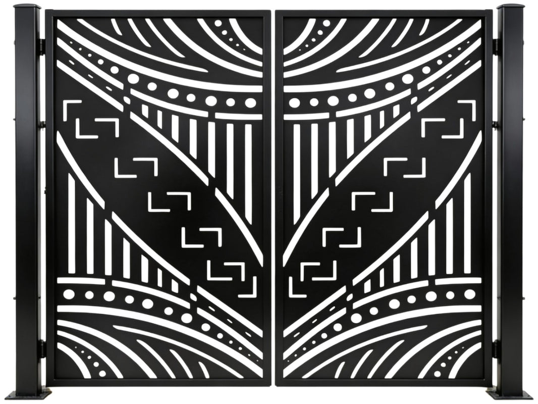 Glyphveil Passage – Ornamental metal man door with mirrored glyph lattice and curvilinear cutout geometry Model # MG033