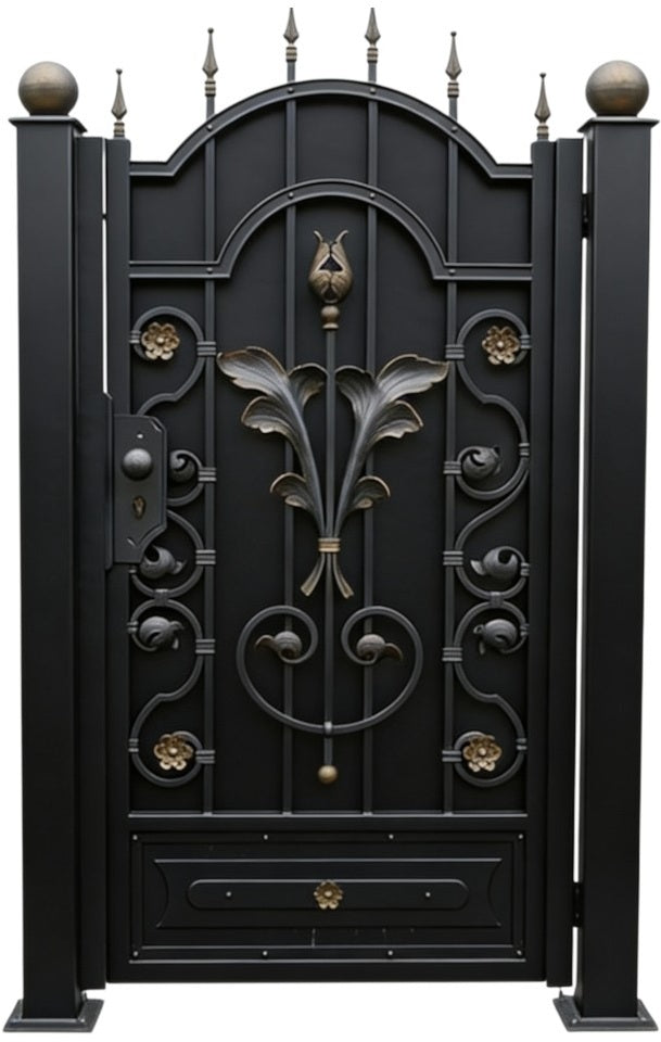 Floraglory Passage – Ornamental wrought iron man door with gold-accented floral medallions and scrollwork lattice Model MG839