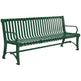A green metal outdoor bench with a slatted back and seat, shown at a three-quarter angle on a plain white background.