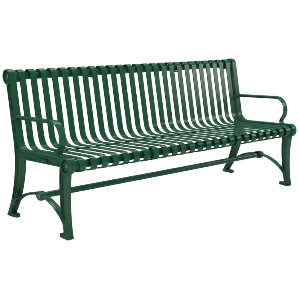 A green metal outdoor bench with a slatted back and seat, shown at a three-quarter angle on a plain white background.