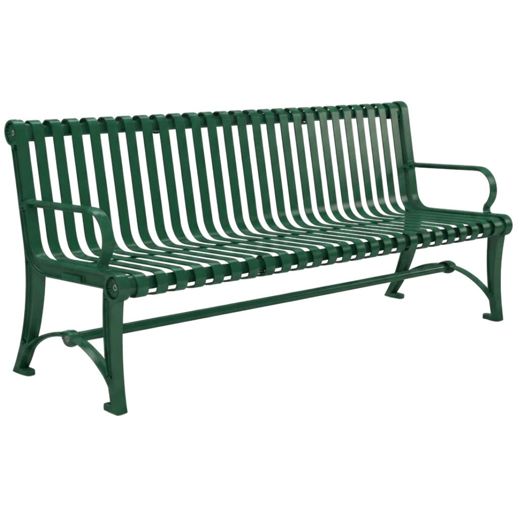 A green metal outdoor bench with a slatted back and seat, shown at a three-quarter angle on a plain white background.