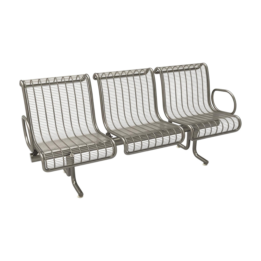 A three-seat metal waiting room bench with a wire mesh back and seat, supported by a tubular steel frame, shown on a plain white background.