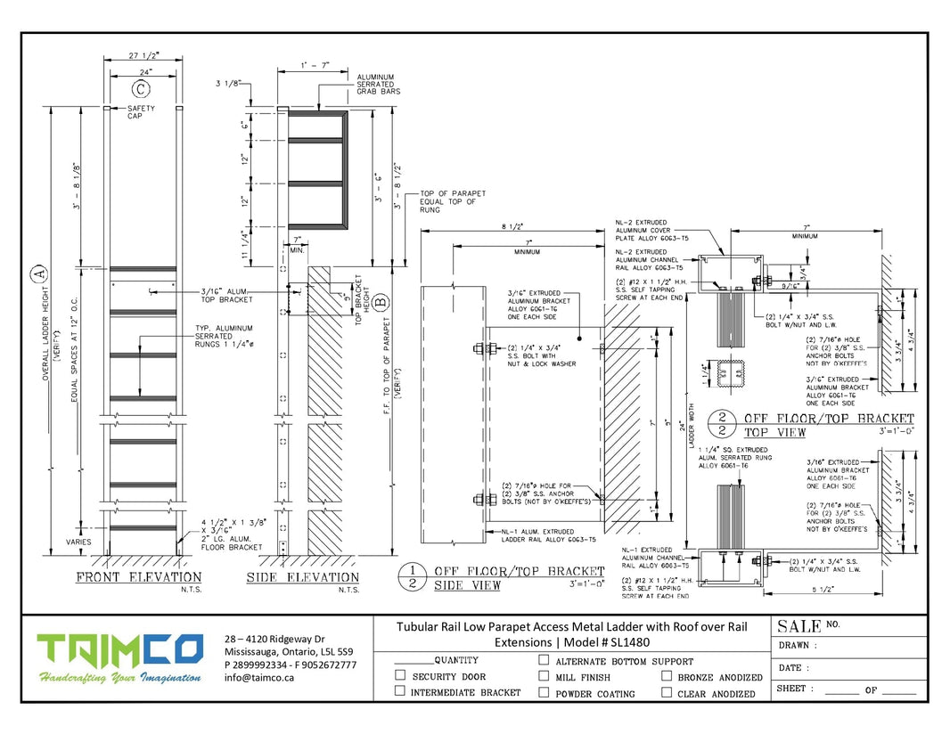 Tubular Rail Low Parapet Access Ladder with Roof over Rail Extensions | Model # SL1480-Taimco