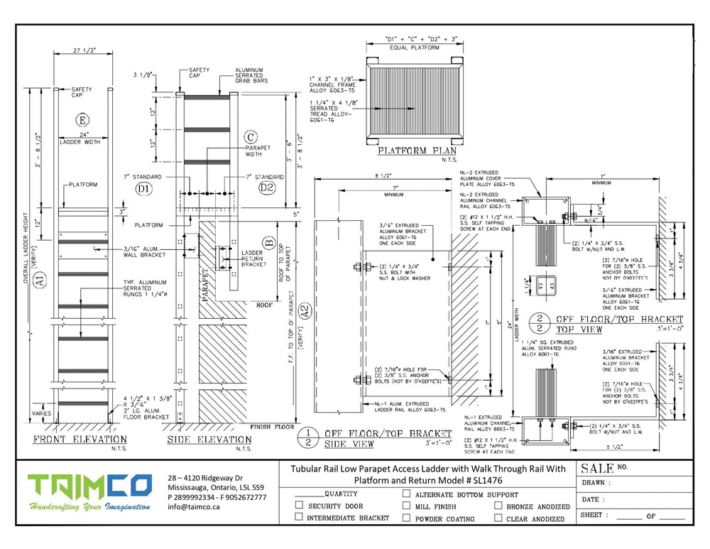 Tubular Rail Low Parapet Access Ladder with Walk Through Rail With Platform and Return Model # SL1476-Taimco