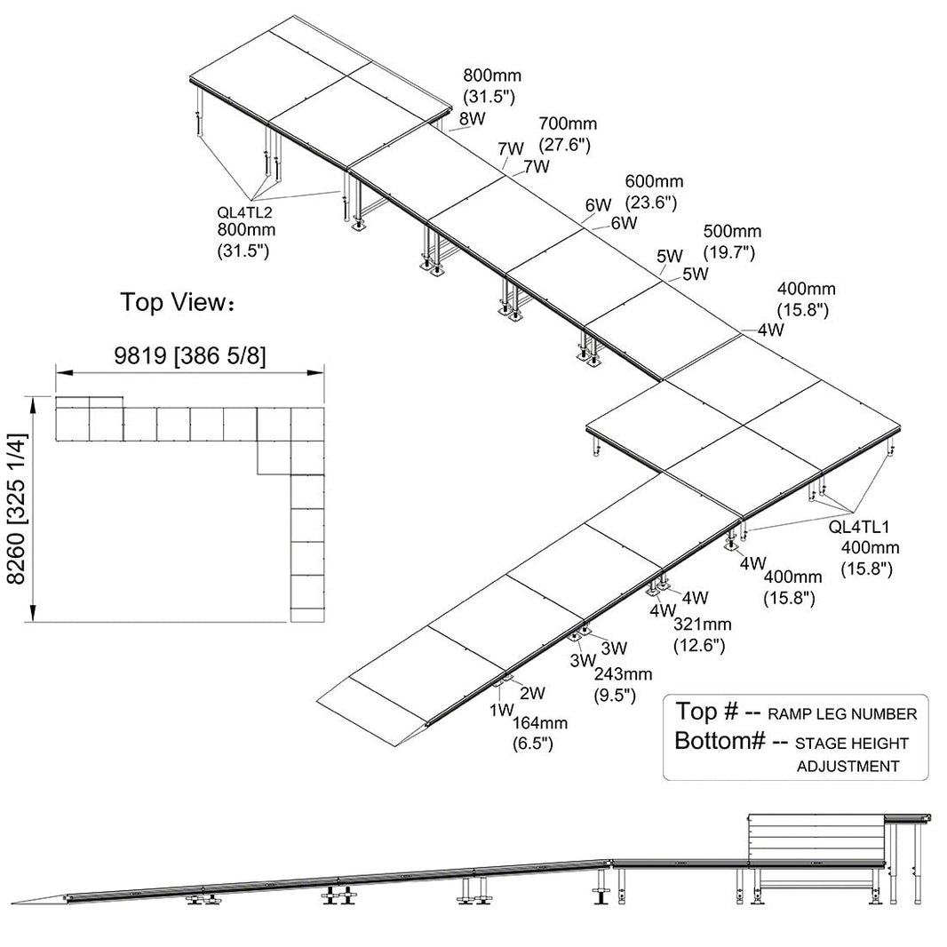 Universal 90-Degree Turn ADA Wheelchair Ramp with Landing 32" High Stage Model US90ADAWCR32-Taimco