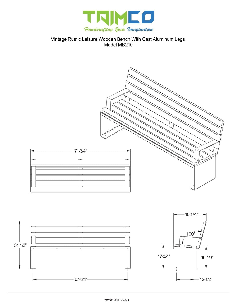 Vintage Rustic Leisure Wooden Bench With Cast Aluminum Legs | Model MB210-Taimco