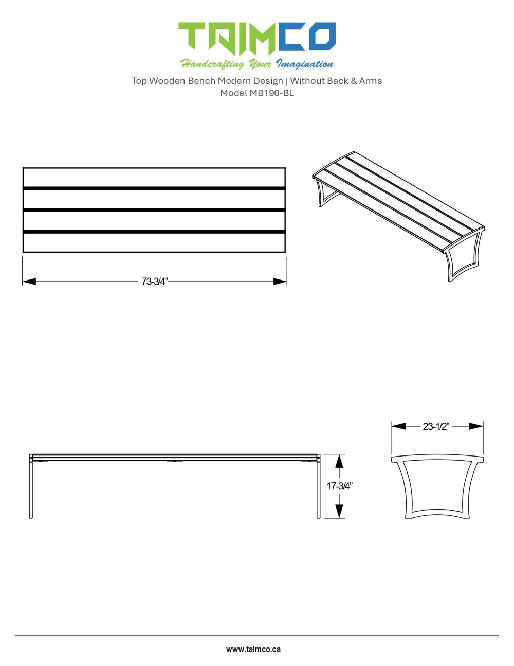 Wooden Bench Modern Design | Without Back & Arms | Model MB190-BL-Taimco