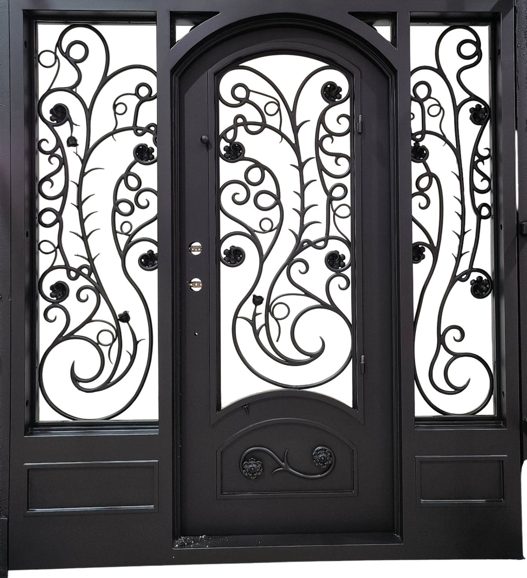 Ornate Arched Double Iron Doors with Decorative Scrollwork and Textured Panels – Model IWD 989