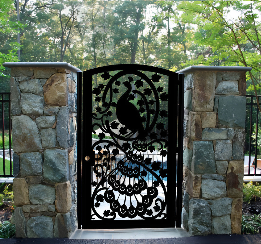 Beautiful Laser Cut Peacock Design Metal Garden Gate | Modern Fabrication Metal Pool Gate | Made in Canada– Model # 216
